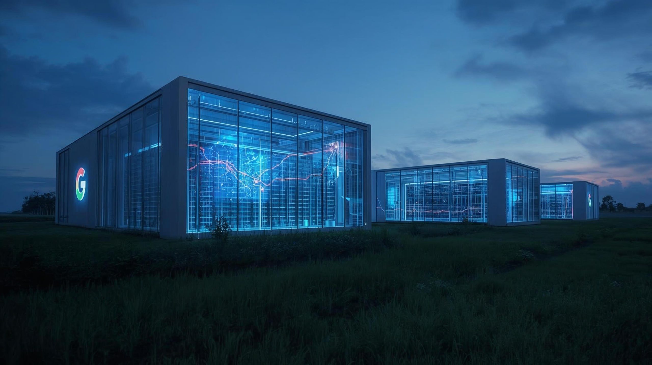 Futuristic digital data center in Germany with AI and cloud networks illuminated, representing Google’s €5.5 billion investment in European technology infrastructure.