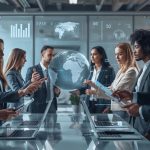 Business professionals in a modern conference room collaborate around a digital holographic globe displaying AI and data analytics interfaces.