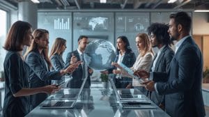 Business professionals in a modern conference room collaborate around a digital holographic globe displaying AI and data analytics interfaces.