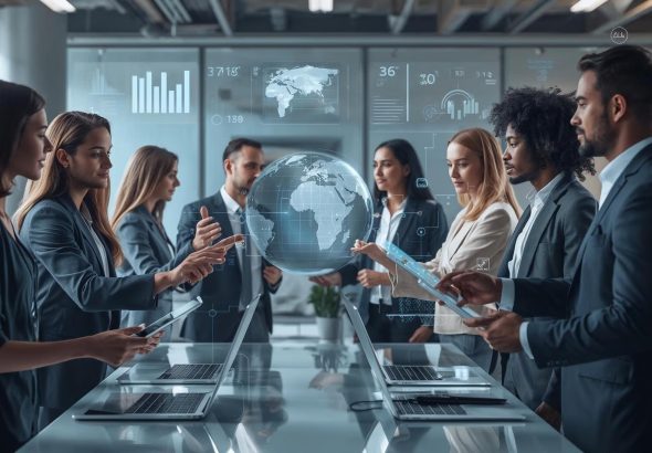 Business professionals in a modern conference room collaborate around a digital holographic globe displaying AI and data analytics interfaces.