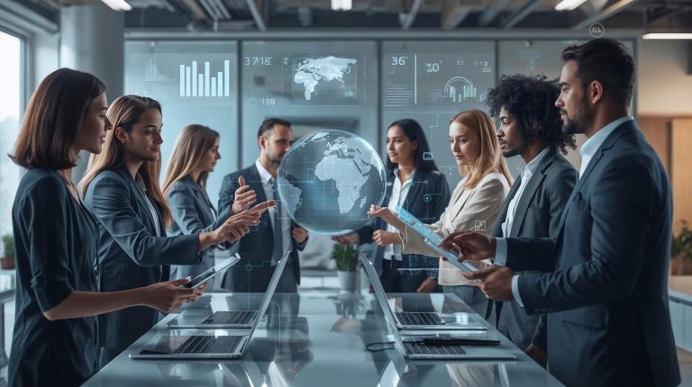 Business professionals in a modern conference room collaborate around a digital holographic globe displaying AI and data analytics interfaces.