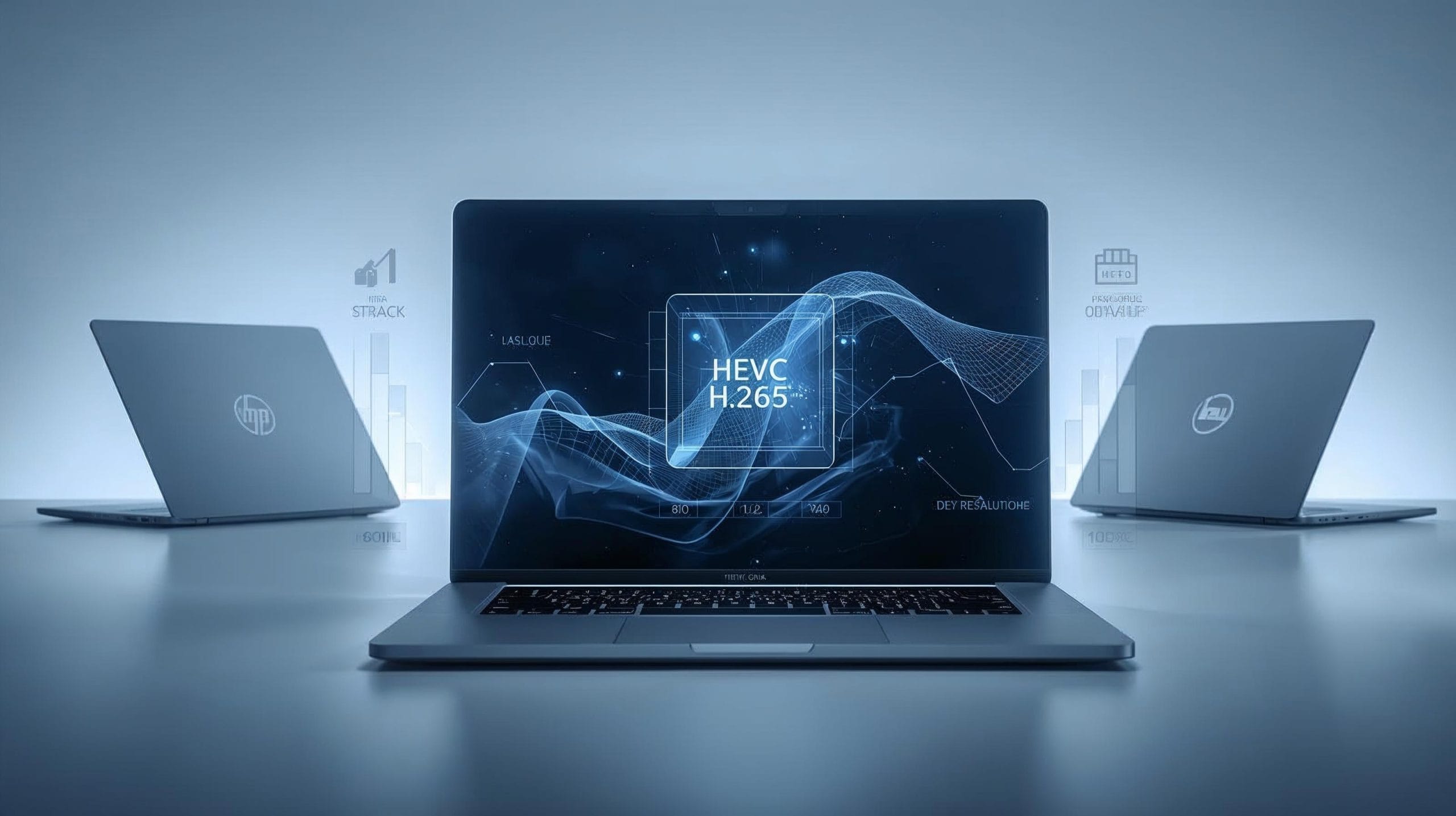 Laptop playing high-resolution HEVC video with codec indicators and abstract representations of HP and Dell devices.