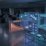 Dimmed corporate workspace with layoffs contrasted against glowing AI-driven analytics and automation visuals symbolizing HP’s shift toward AI investment.