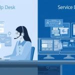 Split-screen IT scene comparing Help Desk troubleshooting with Service Desk ITSM workflows to illustrate the difference between the two support models.