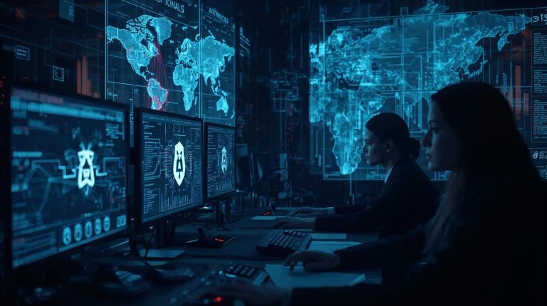 Analysts review global AI espionage activity with threat maps and forensic screens showing the Anthropic logo as part of an investigation dashboard.