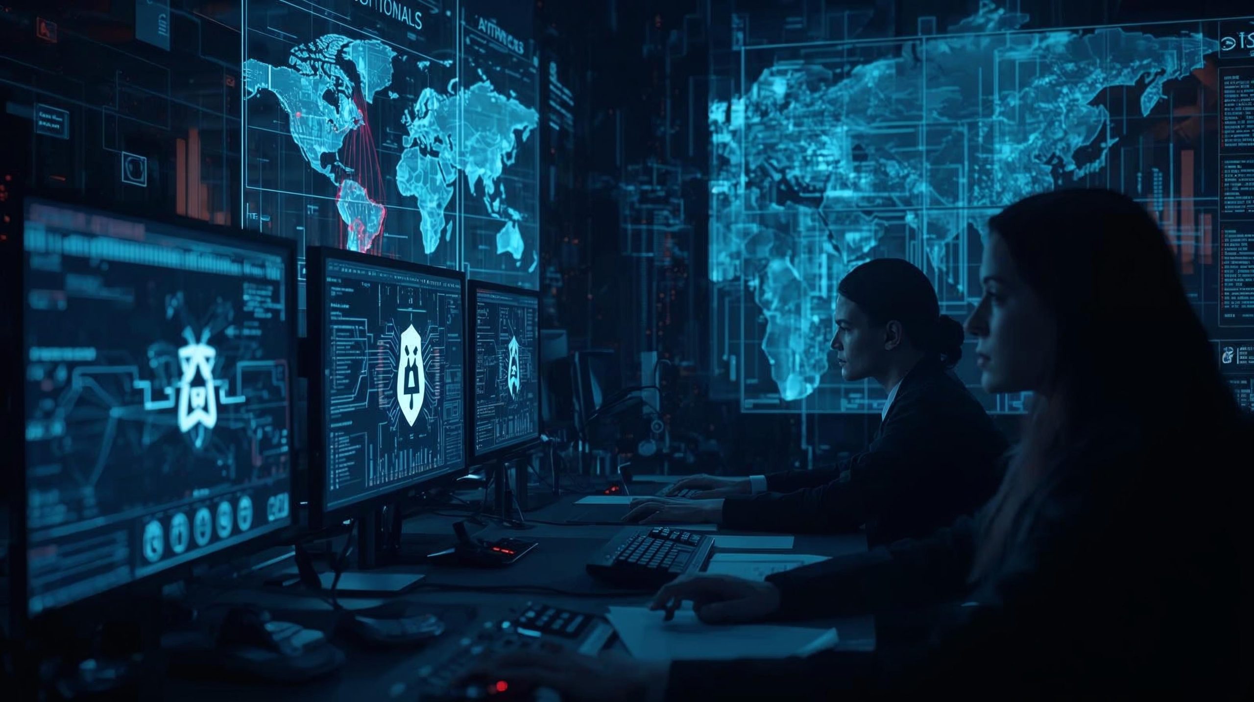 Analysts review global AI espionage activity with threat maps and forensic screens showing the Anthropic logo as part of an investigation dashboard.