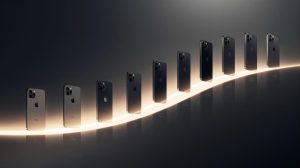 Futuristic iPhone timeline graphic showing changing release intervals and evolving device generations.