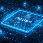 Blueprint-style cybersecurity diagram illustrating ISO 27001 controls, risk management, and global data trust principles.