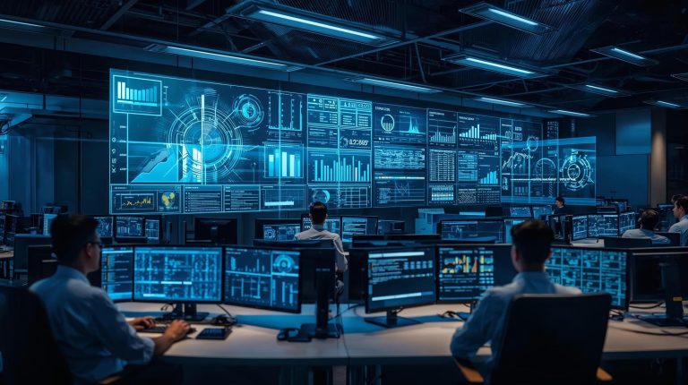 IT operations team monitoring service dashboards and automated workflows that represent IT Service Management keeping business systems running smoothly.