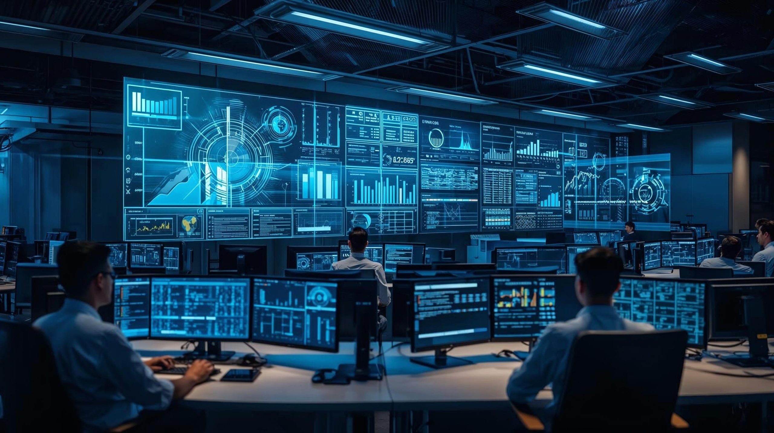 IT operations team monitoring service dashboards and automated workflows that represent IT Service Management keeping business systems running smoothly.