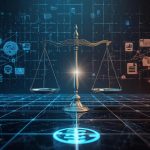 Digital illustration combining justice scales and a tech network to symbolize Meta’s antitrust victory and its impact on Big Tech regulation.