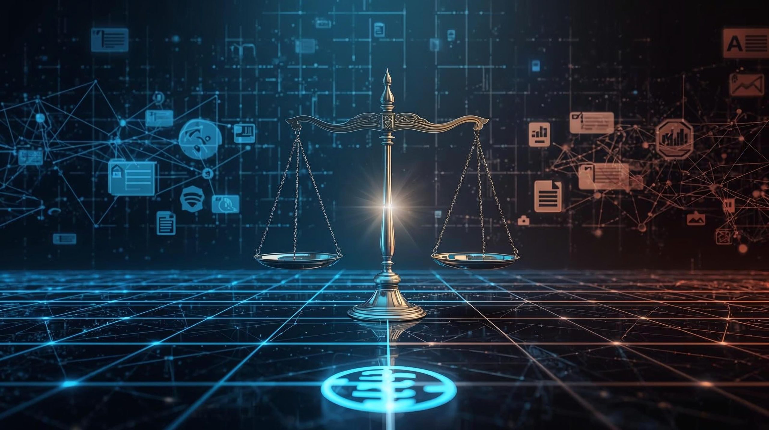 Digital illustration combining justice scales and a tech network to symbolize Meta’s antitrust victory and its impact on Big Tech regulation.