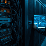 A technician inspects an aging firewall device with outdated cabling and security warnings, illustrating vulnerabilities in legacy firewall security.