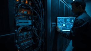 A technician inspects an aging firewall device with outdated cabling and security warnings, illustrating vulnerabilities in legacy firewall security.