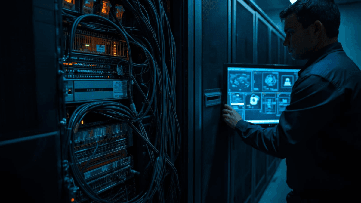 A technician inspects an aging firewall device with outdated cabling and security warnings, illustrating vulnerabilities in legacy firewall security.