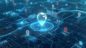 Futuristic map interface with glowing route lines and a holographic AI guide that represents Gemini enhancing navigation and exploration.