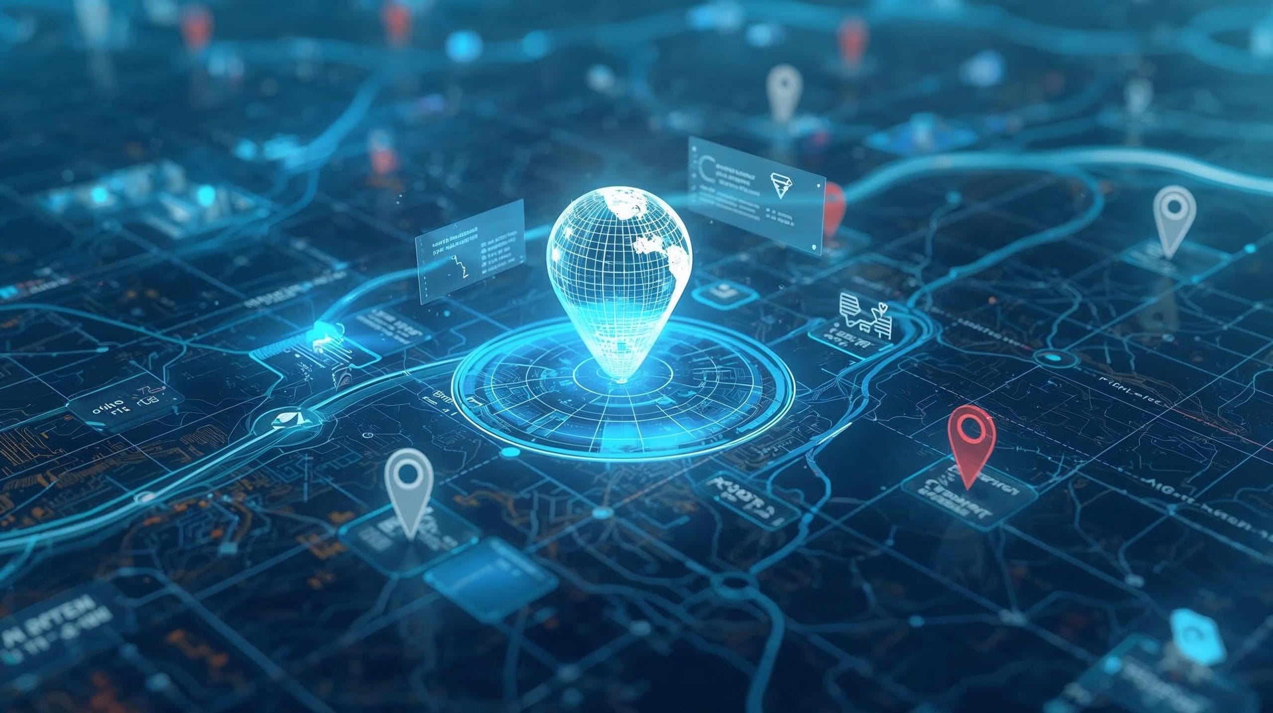 Futuristic map interface with glowing route lines and a holographic AI guide that represents Gemini enhancing navigation and exploration.