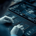 A technician inspects memory chip modules beside an open PC motherboard, illustrating the impact of the memory chip shortage.
