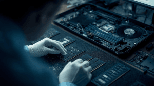 A technician inspects memory chip modules beside an open PC motherboard, illustrating the impact of the memory chip shortage.