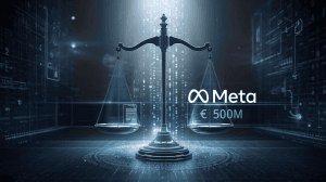 Digital justice scale with holographic legal documents and a €500M marker symbolizing a major European court ruling involving a global tech company.