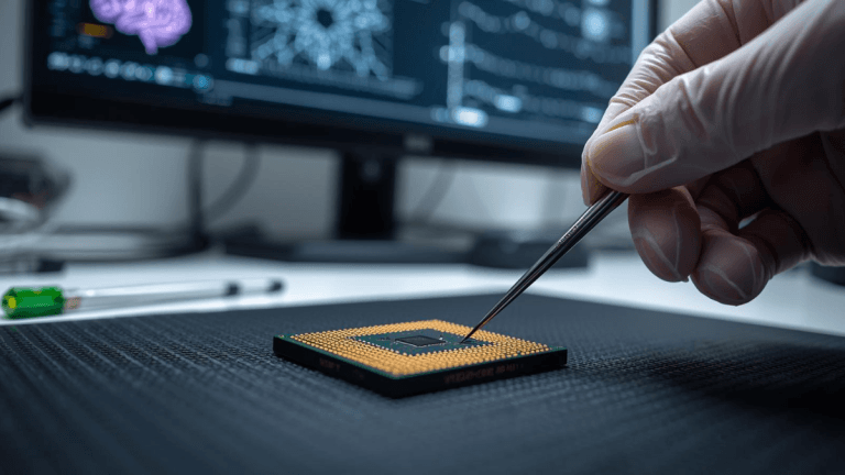 A researcher examines a neuromorphic computing chip with neural-pattern diagrams on a monitor, illustrating neuromorphic computing breakthroughs.