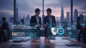 A person reviews export regulation documents beside high-performance GPUs and news of chip restrictions, illustrating the Nvidia ByteDance ban.