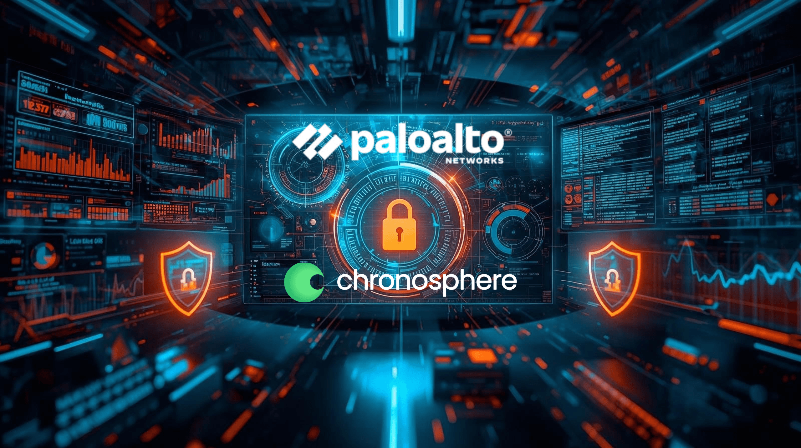 Unified cybersecurity and observability dashboard combining threat alerts and real-time analytics, symbolizing Palo Alto Networks’ integration with Chronosphere.