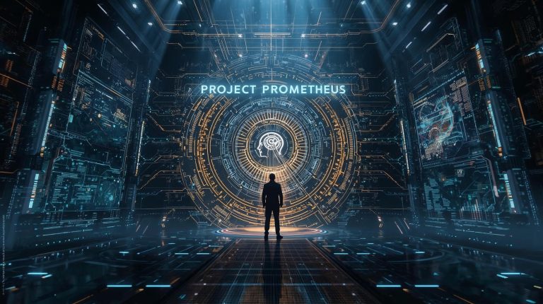 Conceptual image depicting Jeff Bezos entering the AI sector with a futuristic system called Project Prometheus, surrounded by holographic technology.
