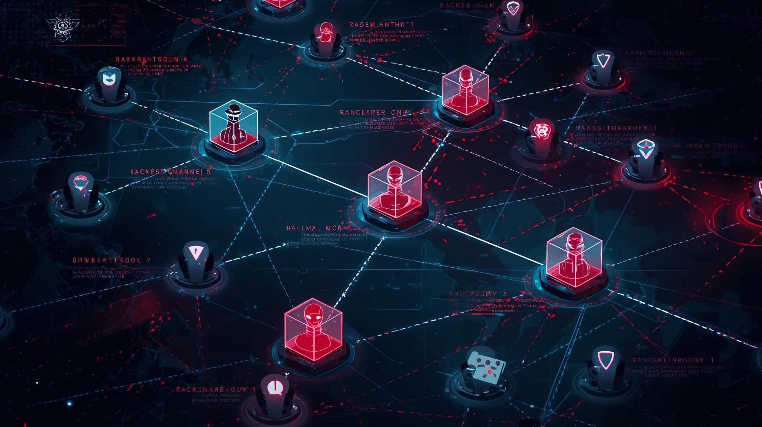 Connected hacker nodes and shared ransomware tools forming an organized cybercrime alliance with global attack pathways.