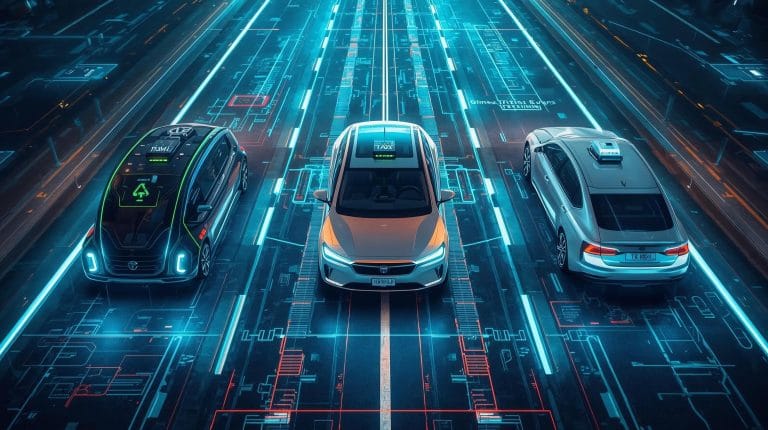 Three futuristic autonomous robotaxis representing different companies competing in the driverless mobility market, shown on a smart-city roadway with AI navigation overlays.