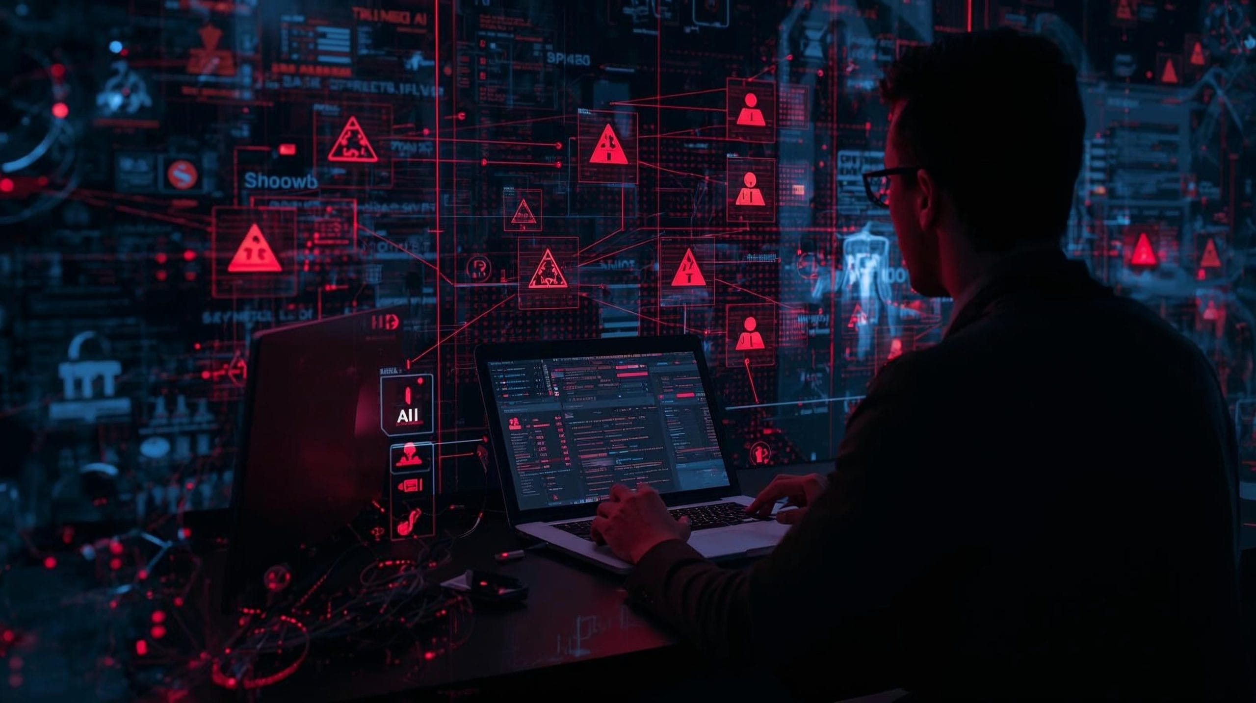Hidden AI tools operating inside a corporate network with red warning alerts showing how unauthorized AI creates security risks.