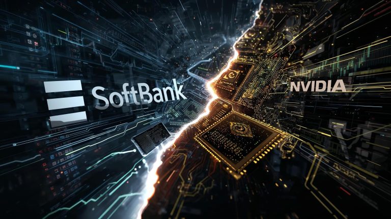 Digital concept image showing SoftBank separating from Nvidia across AI circuits and market data visuals, symbolizing a strategic shift in the AI industry.