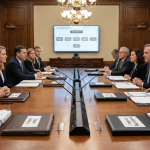 A government meeting table with state and federal policy documents arranged on opposite sides, illustrating conflict in AI regulation battles.