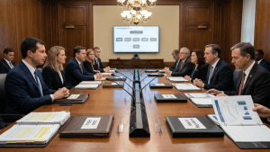 A government meeting table with state and federal policy documents arranged on opposite sides, illustrating conflict in AI regulation battles.