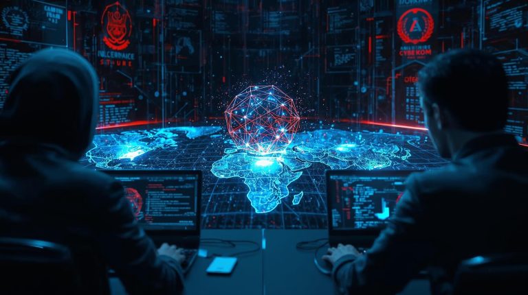 Global cybersecurity task force dismantling the Rhadamanthys, VenomRAT, and Elysium malware networks shown through collapsing hacker interfaces and digital forensics visuals.