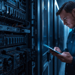 A data center technician inspects advanced AI accelerator hardware resembling TPU processors inside a server rack.