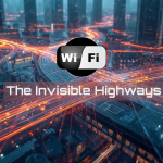 What are Wi-Fi versions. Futuristic Wi-Fi data streams flowing through devices and access points, illustrating the evolution of wireless technology.