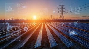 Solar farms feeding electricity into smart-grid transmission lines with holographic grid-balancing indicators representing U.S. solar power growth.