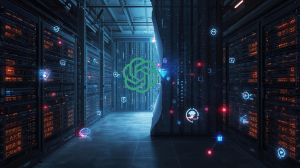 Exposed AI server infrastructure with glowing neural network nodes and warning indicators symbolizing hidden risks behind ChatGPT’s technology.