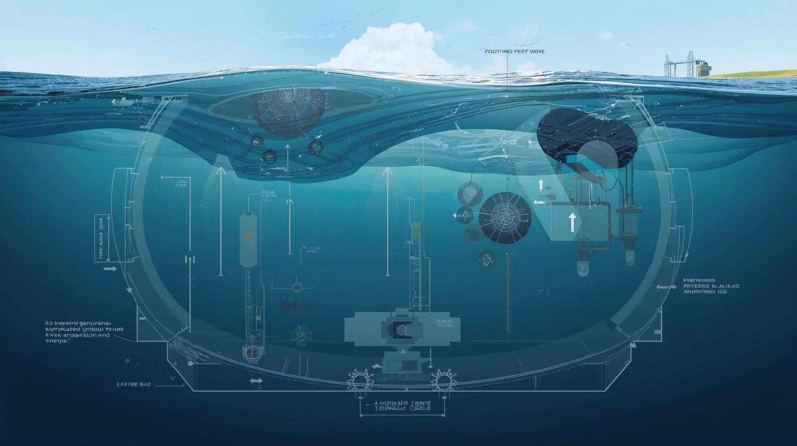 Educational cutaway diagram showing floating wave energy devices converting wave motion into electrical power through underwater mechanical generation systems.