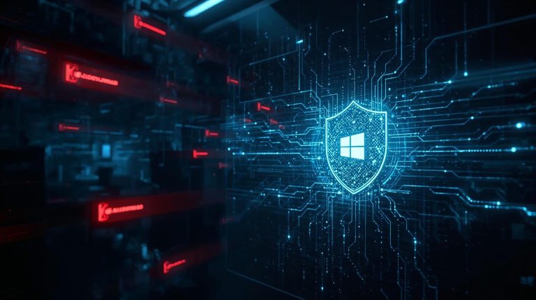 Digital Windows security shield blocking red cyber threats targeting the system kernel, symbolizing protection against a zero-day vulnerability.
