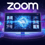 Futuristic video-meeting interface enhanced by AI tools and analytics, symbolizing a company’s renewed growth strategy.