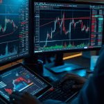 A trader reviews fast-moving charts and AI-generated forecasts on multiple screens, illustrating the rise of AI algorithmic trading.