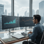 A financial analyst compares AI funding charts with adoption metrics on dual screens, illustrating questions about true AI growth demand.