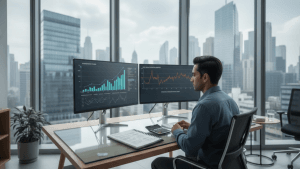 A financial analyst compares AI funding charts with adoption metrics on dual screens, illustrating questions about true AI growth demand.