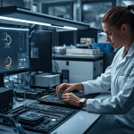 A researcher examines advanced AI accelerator hardware on a lab workstation, illustrating the growing importance of AI hardware investment.