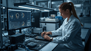 A researcher examines advanced AI accelerator hardware on a lab workstation, illustrating the growing importance of AI hardware investment.