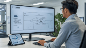 An engineer reviews autonomous agent workflow diagrams and safety metrics, illustrating advances in AWS AI Agents.