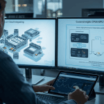 An engineer analyzes cloud processor and GPU integration diagrams on multiple screens, illustrating the impact of the AWS Nvidia AI partnership.