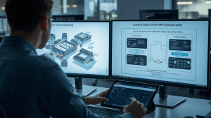An engineer analyzes cloud processor and GPU integration diagrams on multiple screens, illustrating the impact of the AWS Nvidia AI partnership.